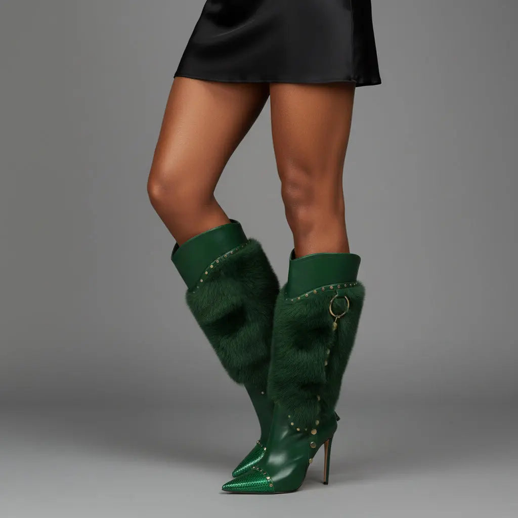 Tuhoomall Heel Fashion Boots for Women, Elegant Pointed Toe High Heels with Studs and Faux Fur, Ideal for Parties and Performances Tuhoomall