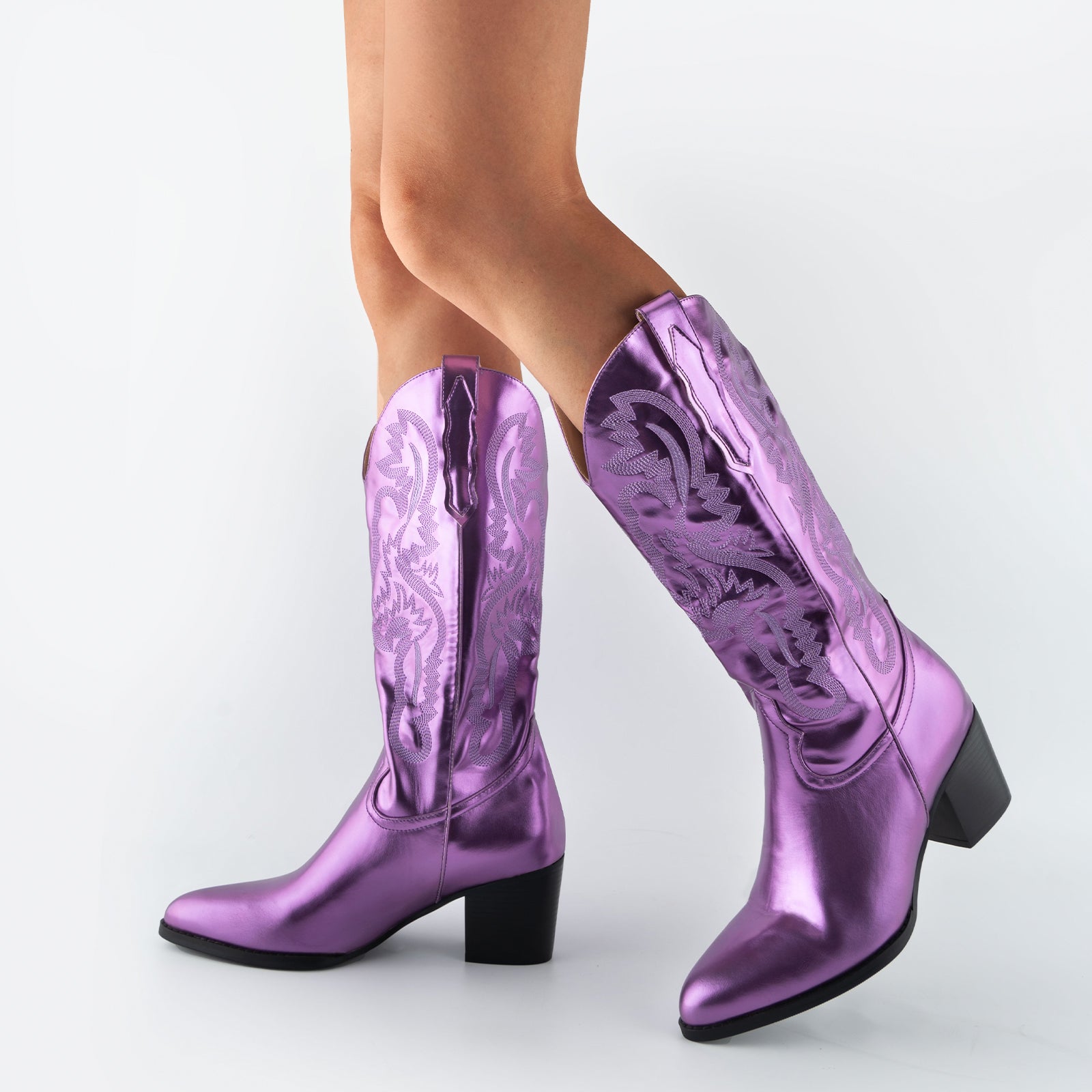 Tuhoomall Western Style Embroidered Mid Calf Boots for Women, Pointed Toe, Chunky Low Heel, Fashionable All-Season Footwear, Perfect for Parties
