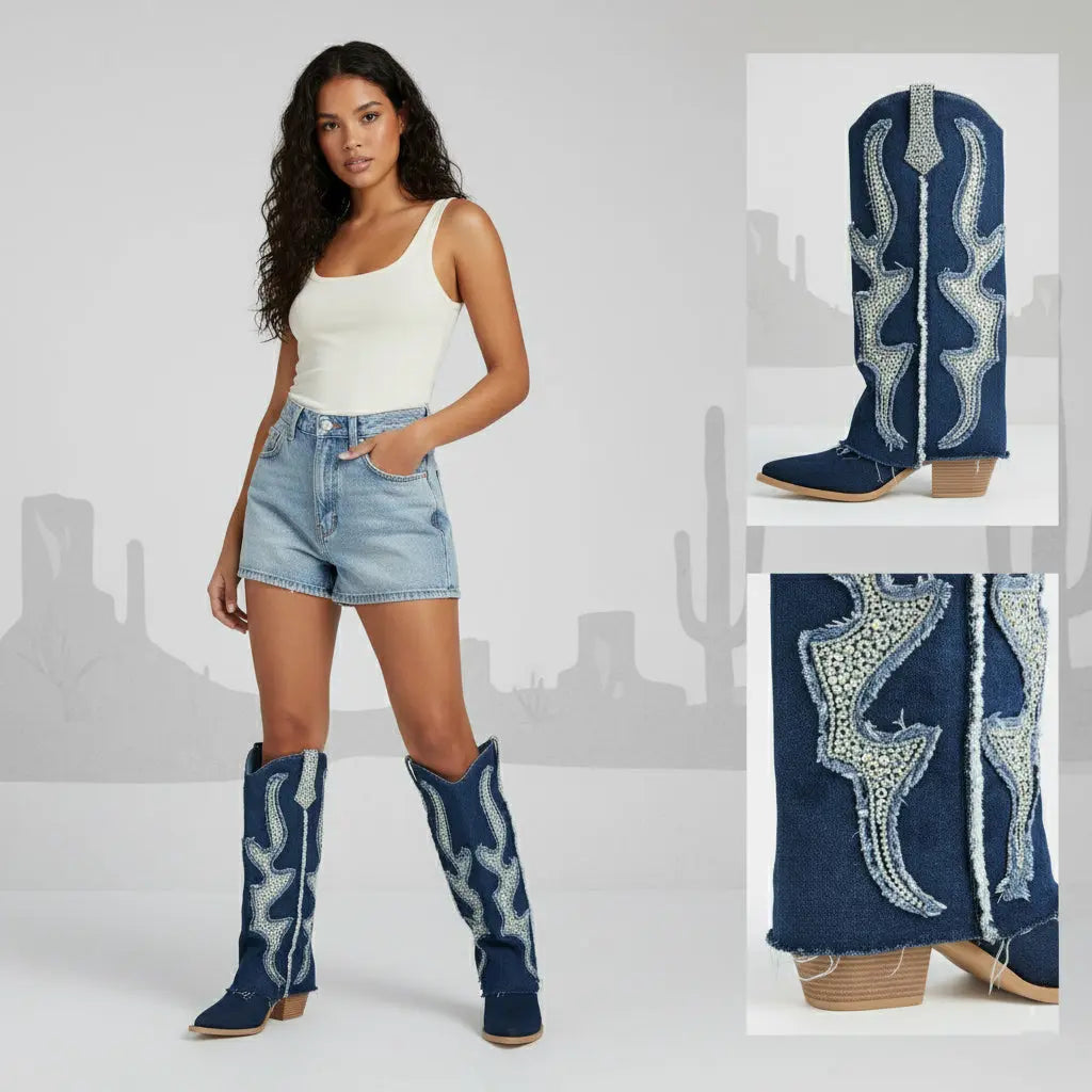 Tuhoomall Western Cowboy Boots for Women - Comfortable Rhinestone Foldable Design for Casual, Outdoor, or Party Wear Tuhoomall