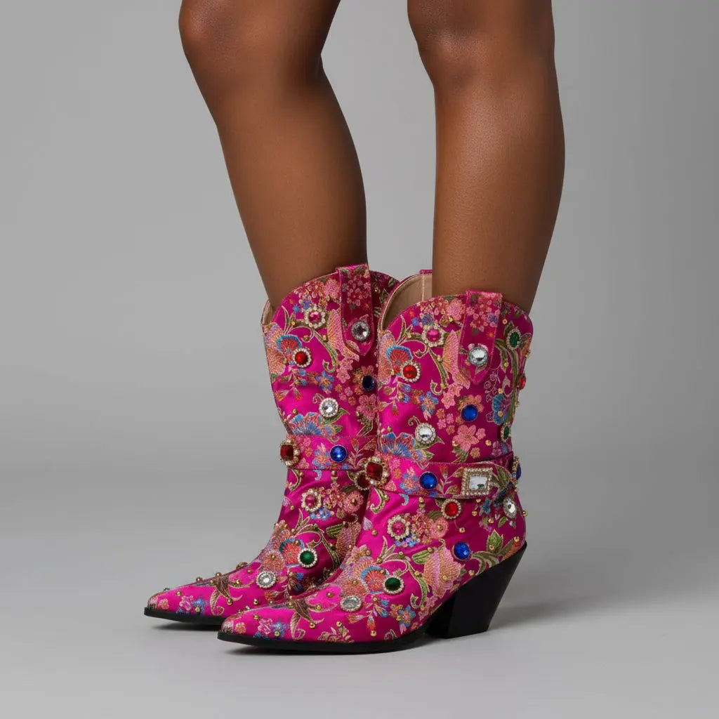 Tuhoomall Western Floral Embroidered Rhinestone Mid Calf Boots for Women, Chunky Heel, Water-Resistant Satin, Stylish for Spring Autumn Winter Tuhoomall