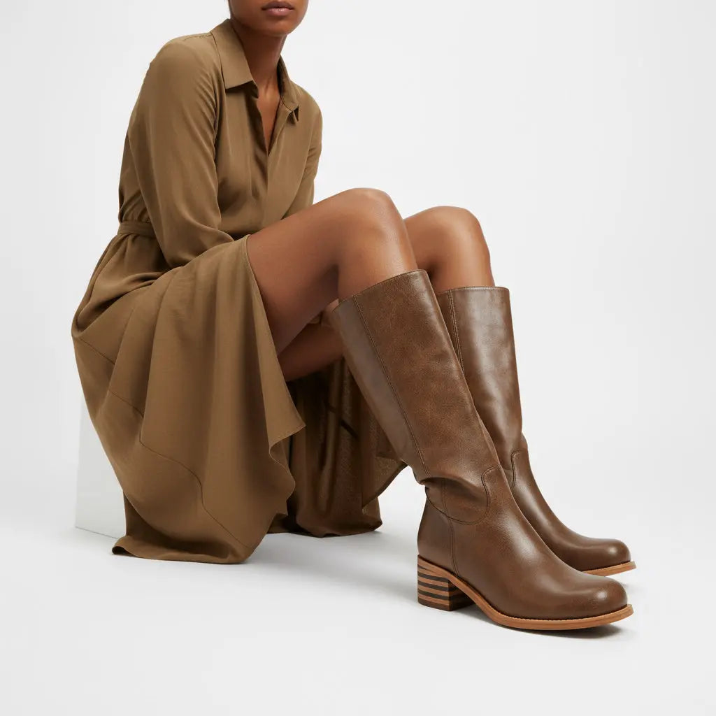 Tuhoomall Fashion Casual Boots for Women, Mid-Calf Length, Solid Color, Round Toe, Chunky Heel, Slip-On, Ideal for Work and Leisure, 5.4cm Block Heels Tuhoomall