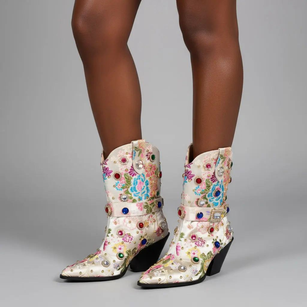 Tuhoomall Western Floral Embroidered Rhinestone Mid Calf Boots for Women, Chunky Heel, Water-Resistant Satin, Stylish for Spring Autumn Winter Tuhoomall