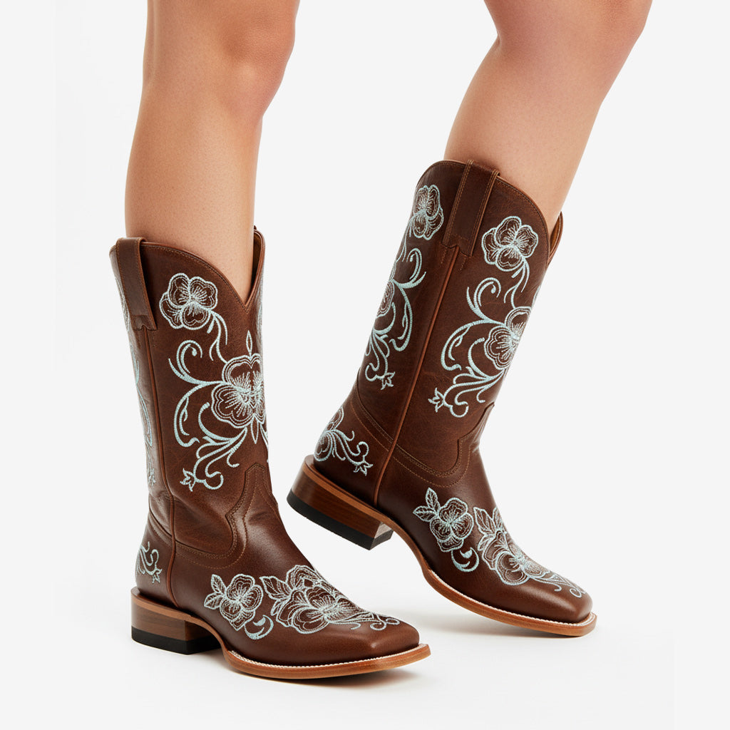 Tuhoomall Western Style Vintage Embroidered Cowboy Boots for Women, Casual Ankle Length, Chunky Heel, Slip-On Design, Perfect for Spring, Autumn, and Winter