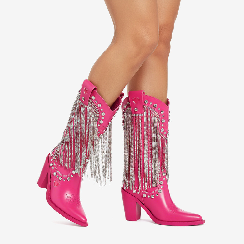 Tuhoomall Chunky Heel Western Rhinestone Booties with Fringes for Fashion Events, Pointed Toe, Slip-On Style, All-Day Comfort, Eye-Catching Design