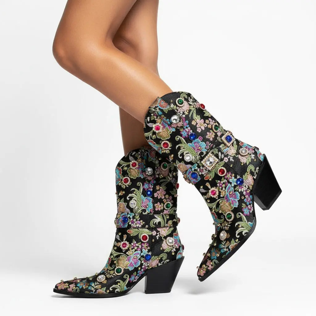 Tuhoomall Western Floral Embroidered Rhinestone Mid Calf Boots for Women, Chunky Heel, Water-Resistant Satin, Stylish for Spring Autumn Winter Tuhoomall