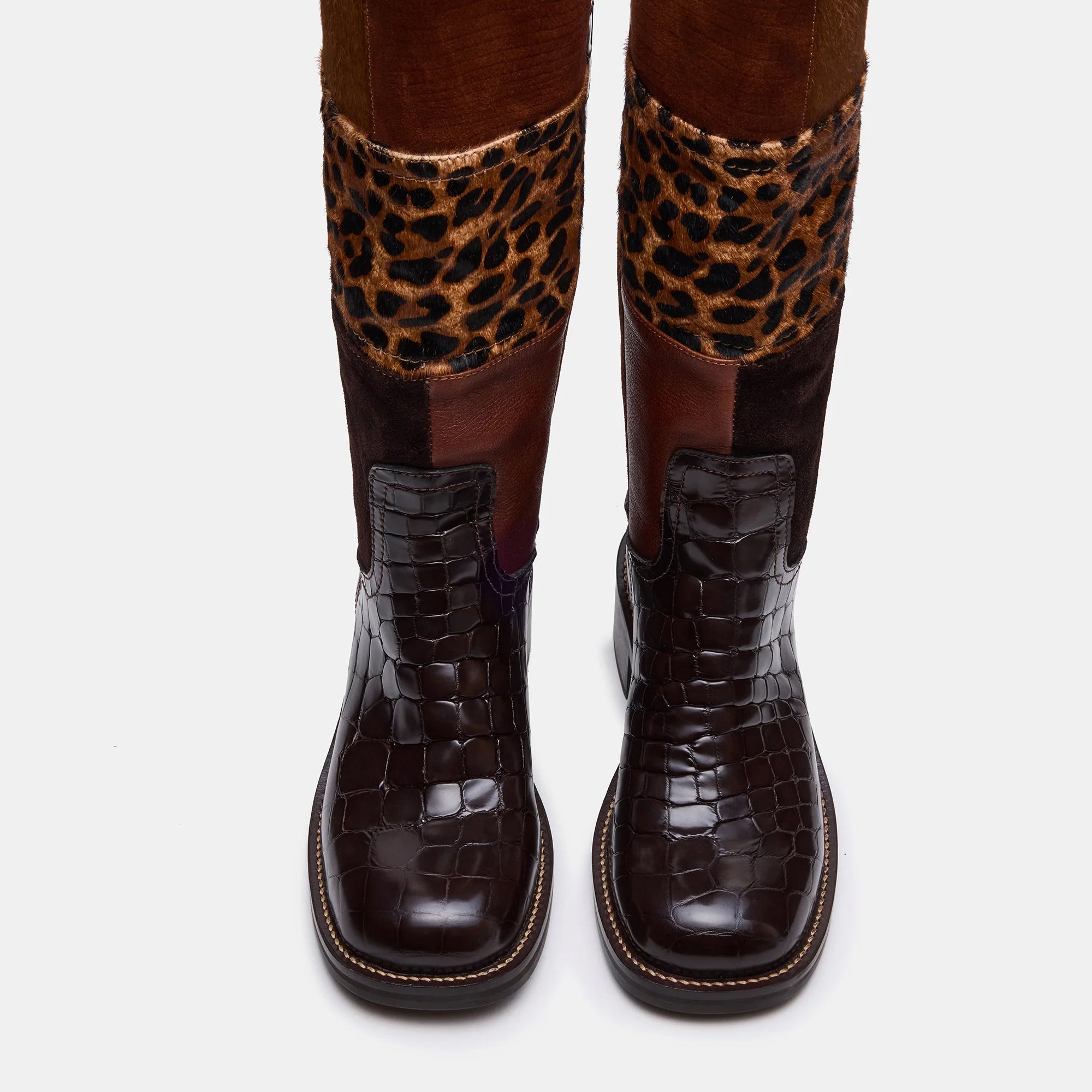 Tuhoomall Stylish Mid-Calf Boots for Parties and Evenings, Round Toe, Low Chunky Heel, Chic Patchwork Design with Snake, Crocodile, Leopard Print