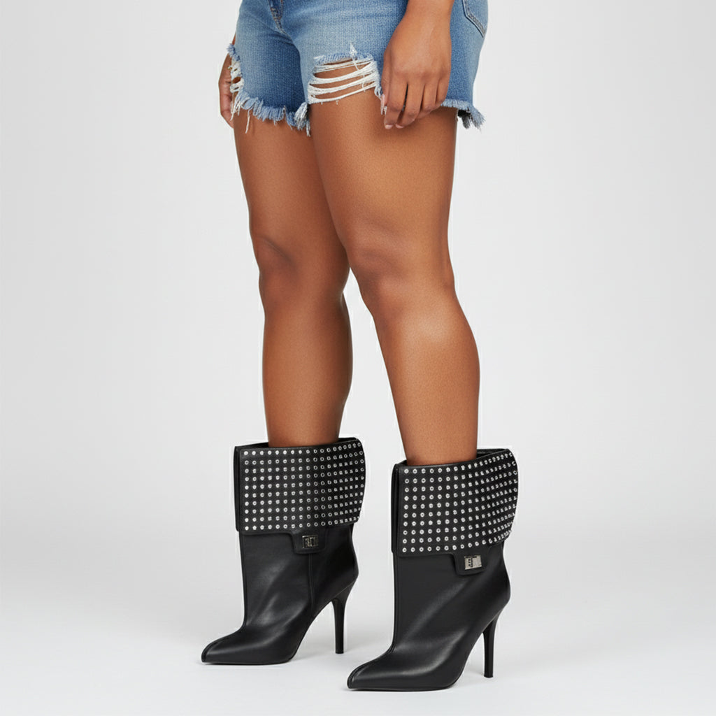 Tuhoomall Pointed Toe Ankle Boots with Studded Design and High Heel for Fashionable Casual Outfits, Parties, and Events