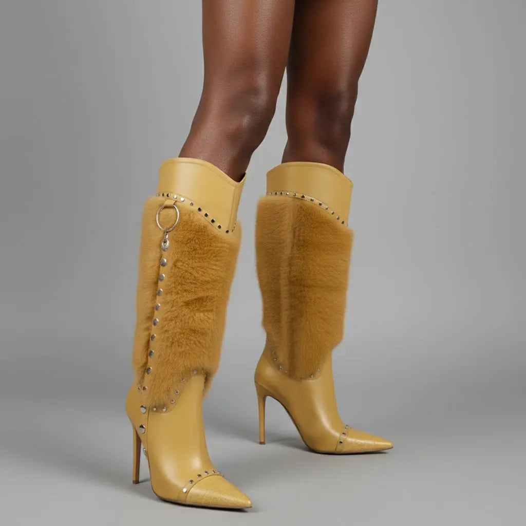 Tuhoomall Heel Fashion Boots for Women, Elegant Pointed Toe High Heels with Studs and Faux Fur, Ideal for Parties and Performances Tuhoomall