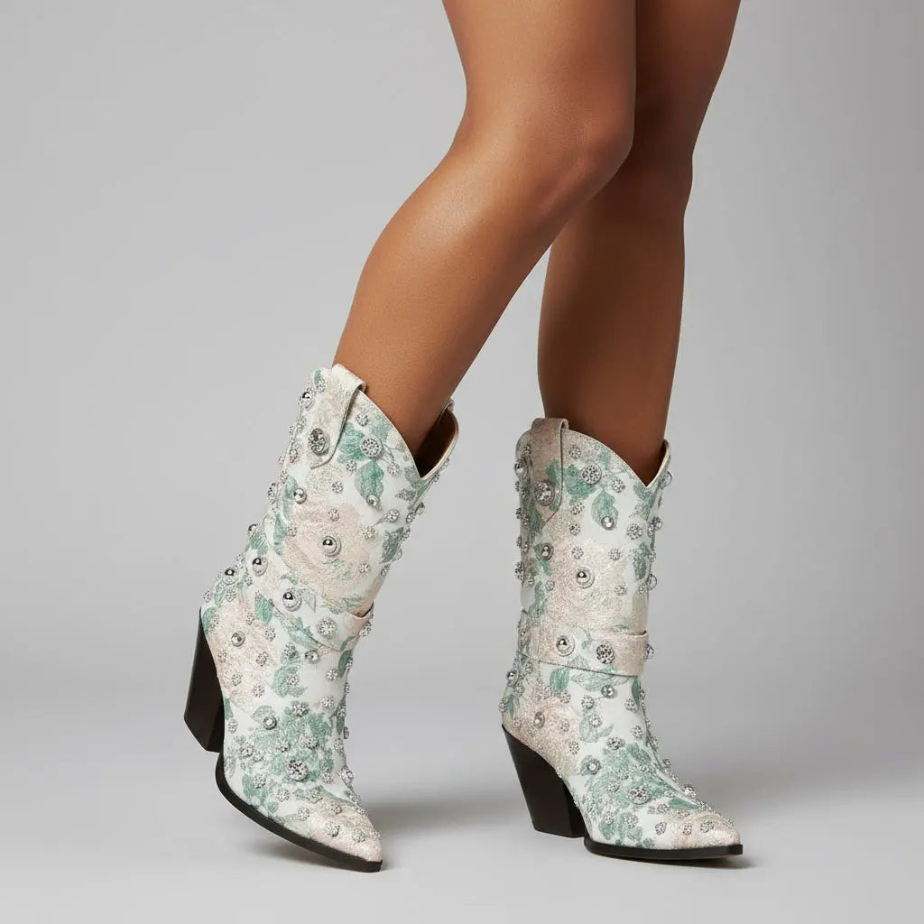 Tuhoomall Western Floral Embroidered Rhinestone Mid Calf Boots for Women, Chunky Heel, Water-Resistant Satin, Stylish for Spring Autumn Winter Tuhoomall