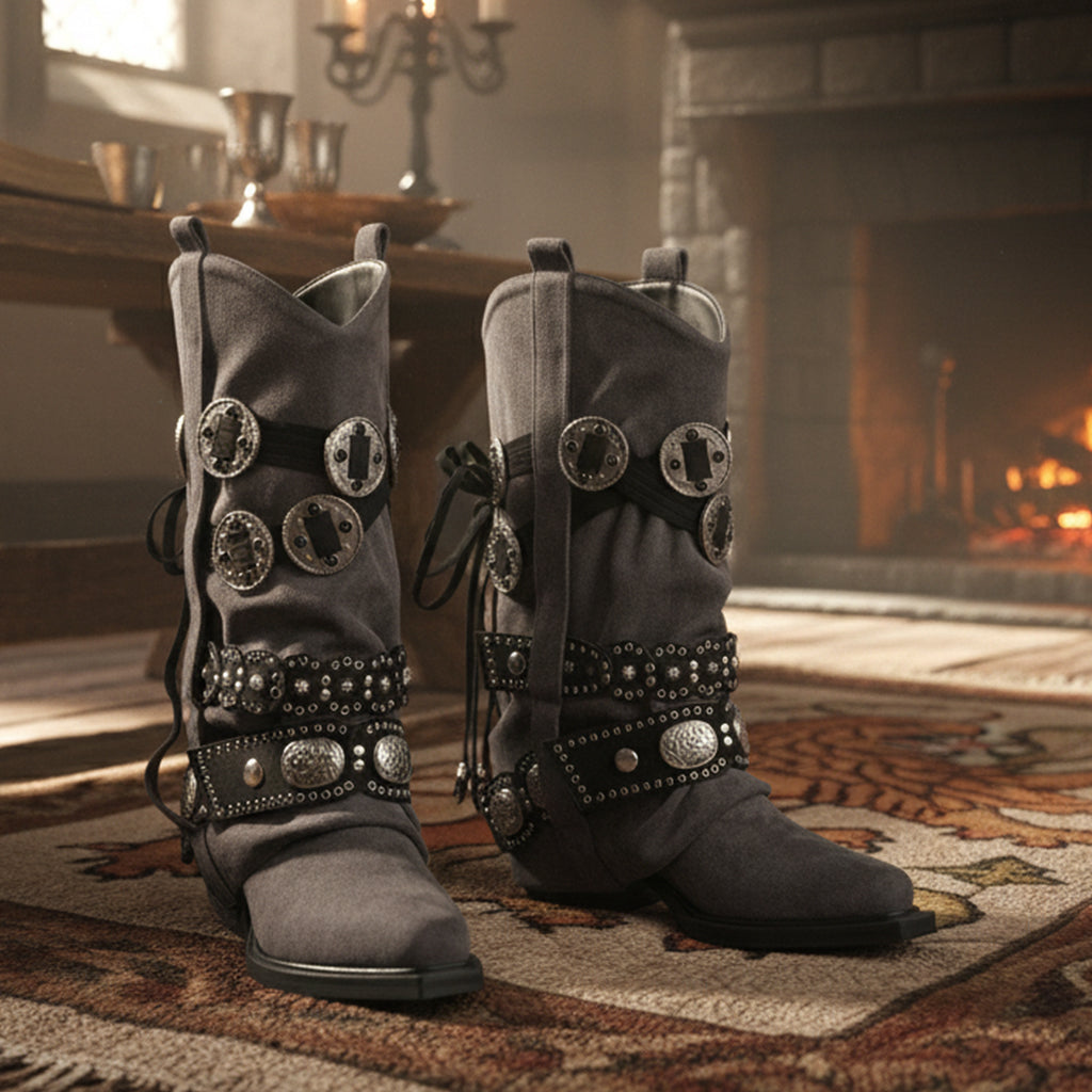 Tuhoomall Western Cowboy Boots for Women, Mid-Calf Pointed Toe, Chunky Heel Slip-On, Stylish Faux Suede with Hardware Accents, Ideal for All Seasons