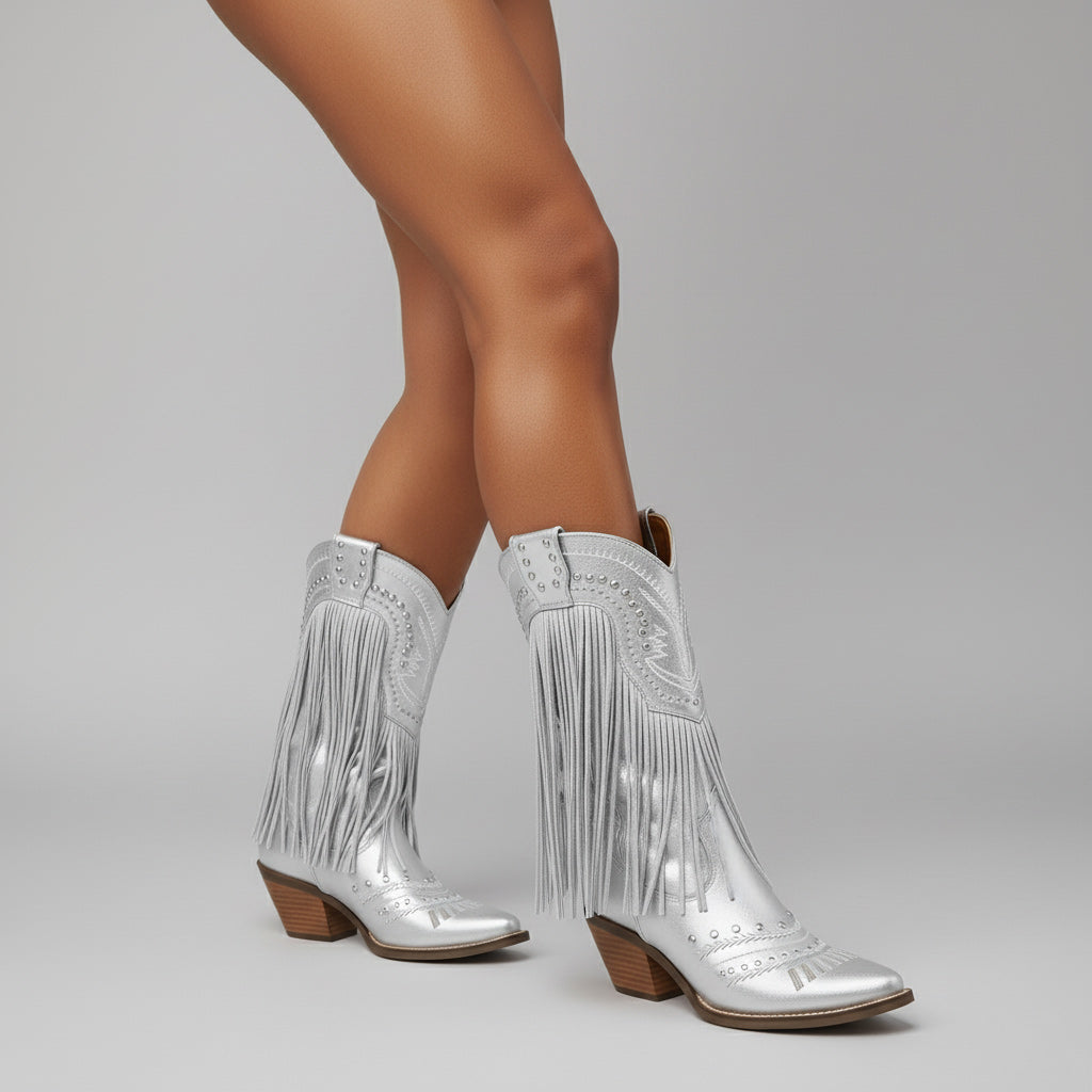 Tuhoomall Western Style Mid Calf Boots with Fringe and Studs - Comfortable Slip-On Design for Parties and Casual Outings Tuhoomall