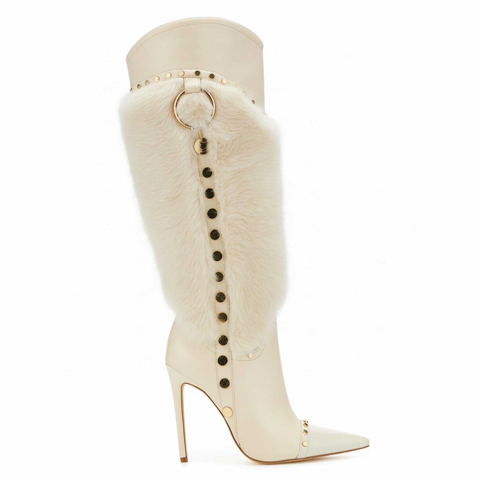 Tuhoomall Heel Fashion Boots for Women, Elegant Pointed Toe High Heels with Studs and Faux Fur, Ideal for Parties and Performances