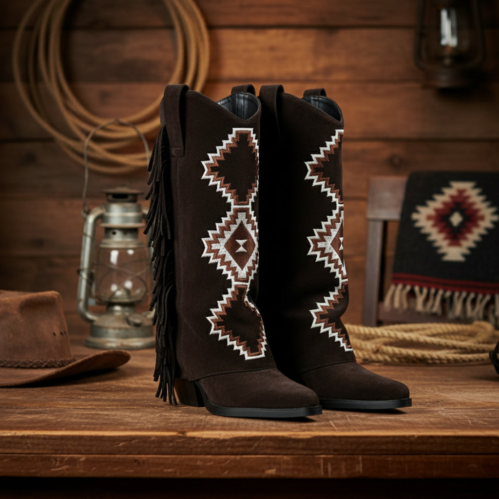 Tuhoomall Western Style Mid-Calf Booties with Colorful Geometric Patterns and Floral Embroidery - Perfect for Bohemian Chic Casual Outfits