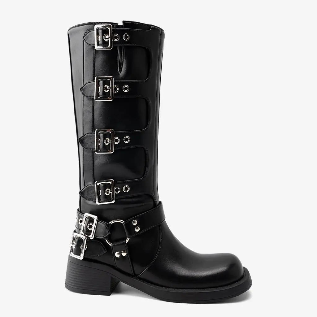 Tuhoomall Vintage Stylish Casual Boots for Women, Comfortable Mid-Calf Square-Toe with Chunky Heel, Adjustable Buckle, All-Season Wear Tuhoomall