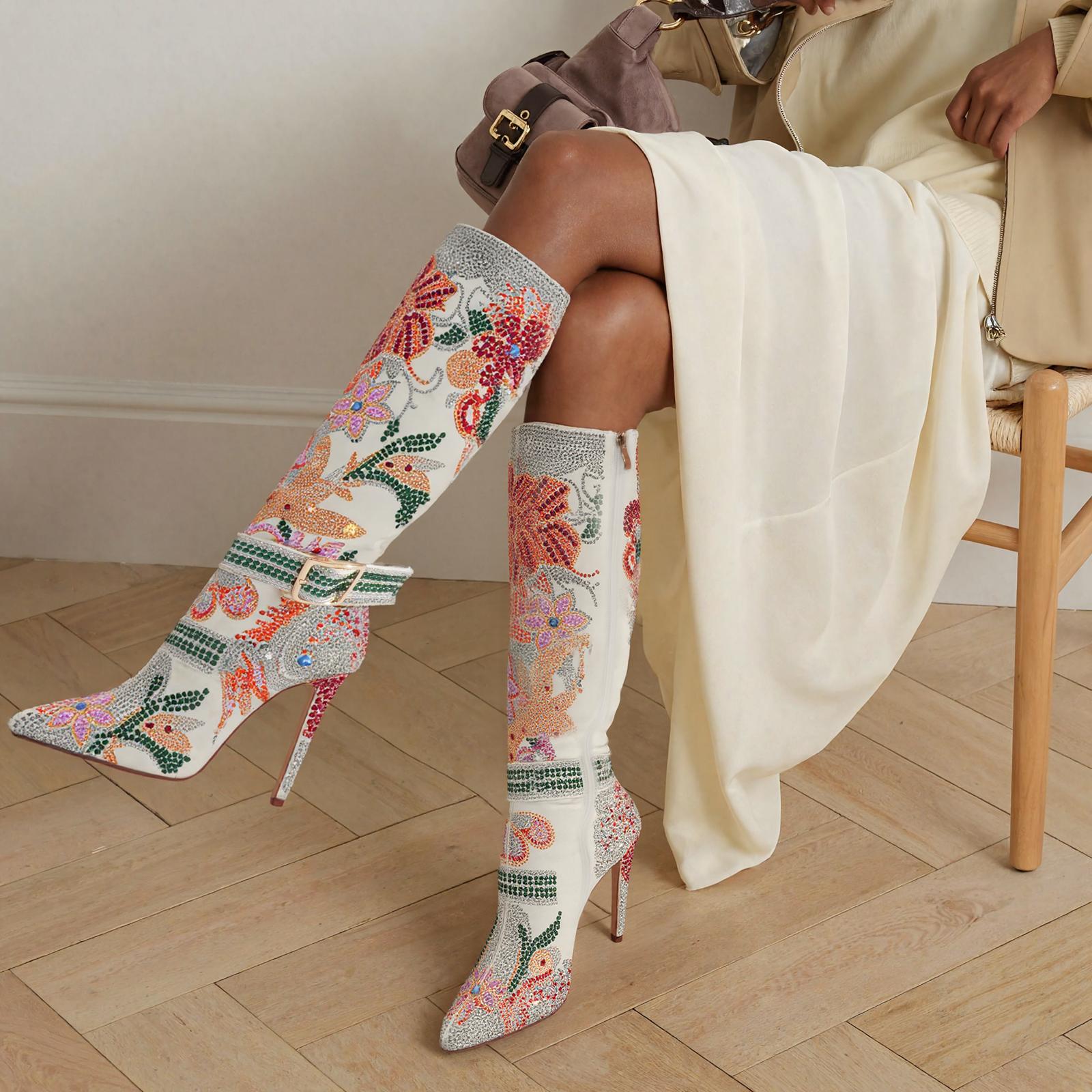Tuhoomall Knee-High Boots with Floral Rhinestone Accents, Comfortable Chunky Heels for Parties and Performances