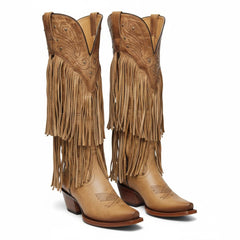 Tuhoomall Western Knee-High Cowboy Boots, Chunky Heel, Fringe & Studs, Retro Style, Casual Wear, All Seasons