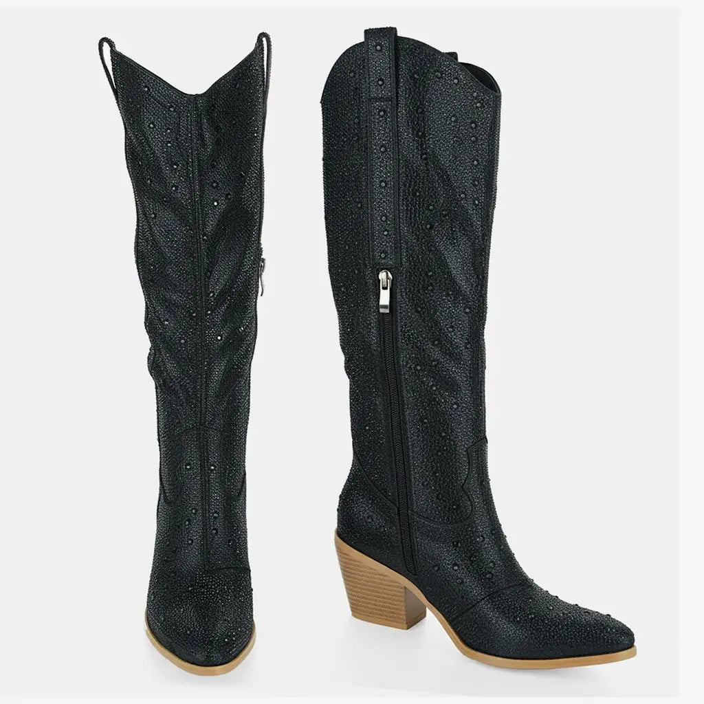 Tuhoomall Rhinestone Western Mid Calf Boots For Women - Chunky Heel & Easy Zip Closure, Stylish For Travel And Weddings Tuhoomall