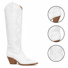 Tuhoomall Western Over-the-Knee Boots with Chunky Heel, Embroidered Vegan Leather for Fashionable Travel & Classic Style, Thigh-High Solid Color Design