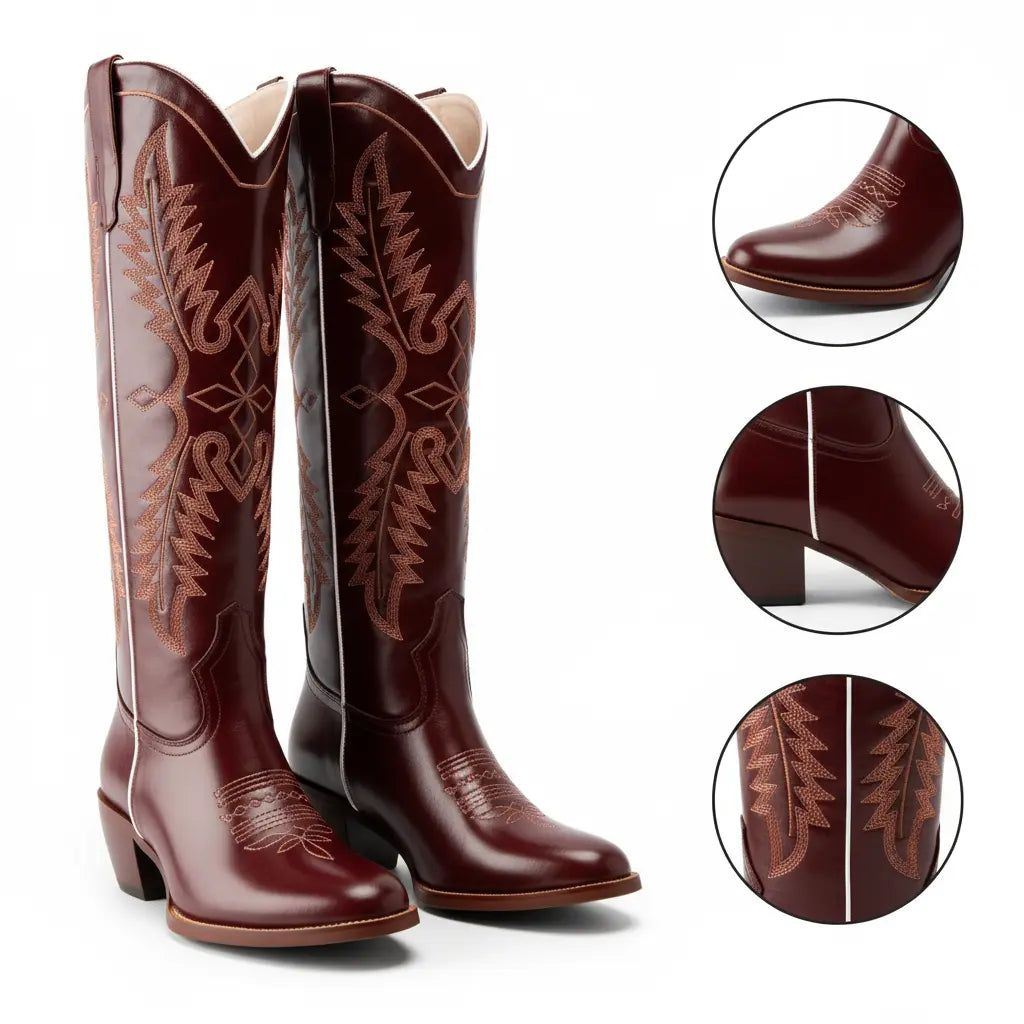 Tuhoomall Dark Green Embroidered Western Knee High Boots for Wide Calf with Chunky Heel Tuhoomall