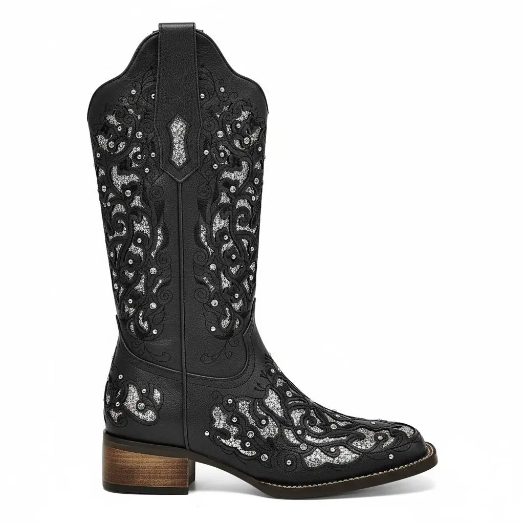 Tuhoomall Western Style Embroidered Mid-Calf Boots For Fashion, Travel, Outdoor - Chunky Heel, Faux Suede, Slip-On, Rhinestones, 3cm Heel Height Tuhoomall