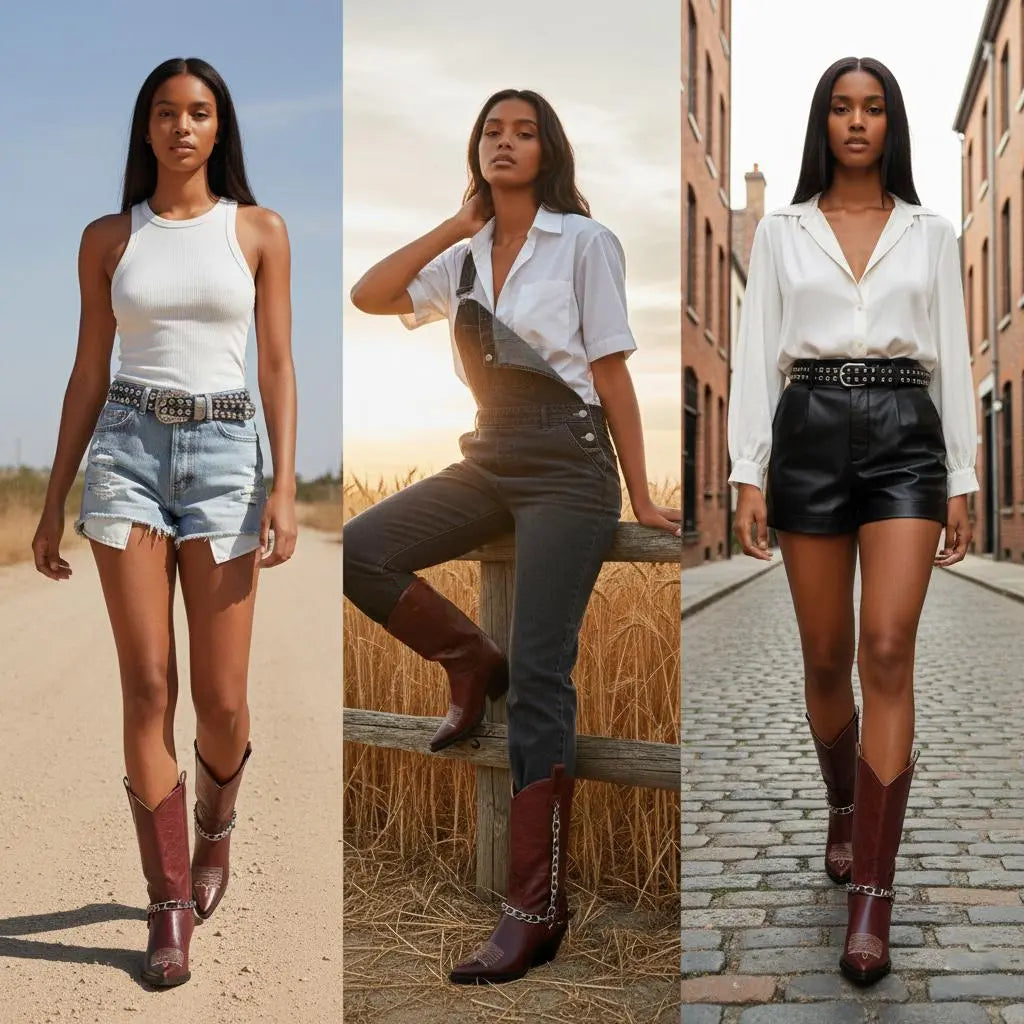 Tuhoomall Western Cowboy Ankle Boots For Women, Fashionable Chunky Heeled Mid-Calf Boots With Metal Buckle, Casual All-Season Style Tuhoomall