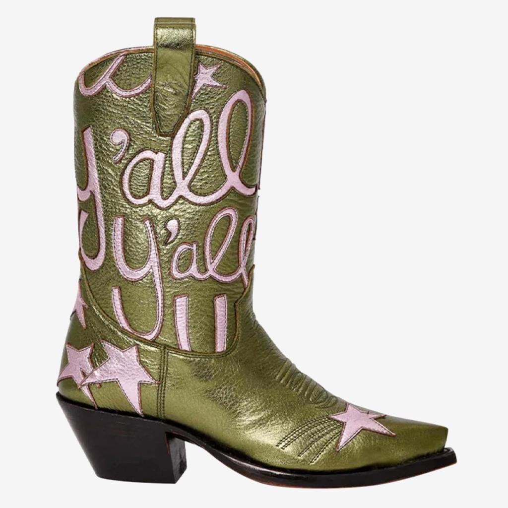 Tuhoomall Comfortable Western Boots for Fashion Parties and Daily Wear with Star and Letter Embroidery, Chunky Heel, Slip-On Design Tuhoomall