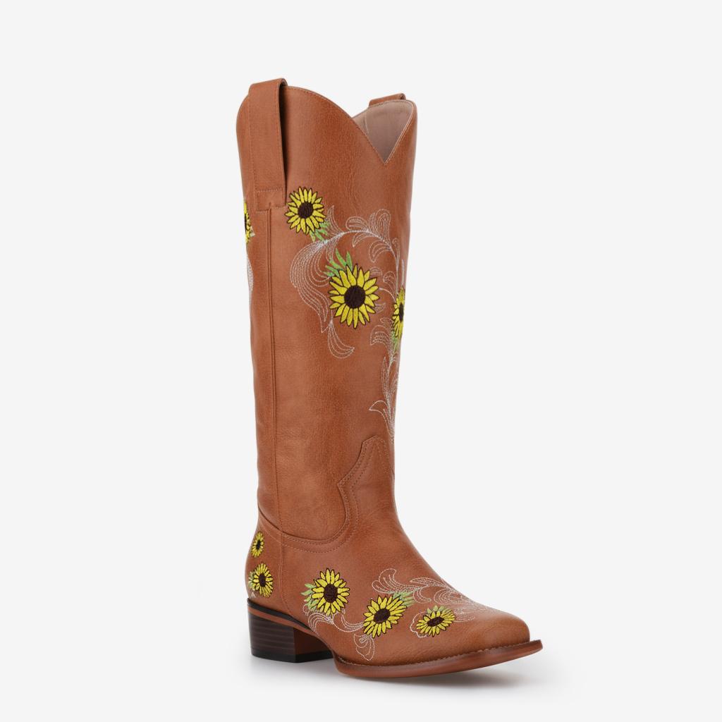 Tuhoomall Comfortable Floral Embroidered Chunky Heel Mid Calf Cowboy Boots - Slip-On Design, 3.8cm Heel for All Seasons