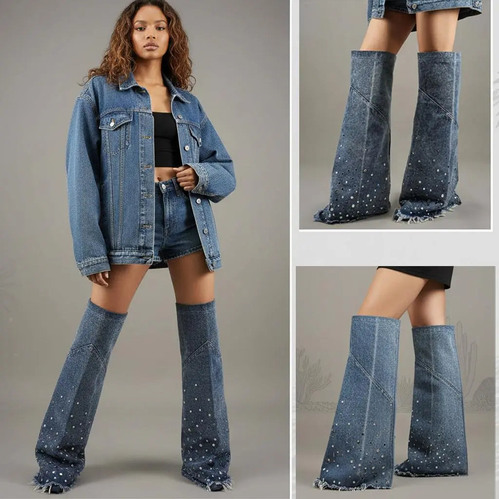 Tuhoomall Over-The-Knee Boots with Fringe and Studs for Party and Performance, Vintage Style, Slip-On Wedge Heel Tuhoomall