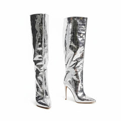 Tuhoomall Shiny Metallic Pointed Toe Mid-Calf Boots for Fashion Forward Performance - Rubber Sole, 3.75 in Heels, Mock-Croc Design, All Season