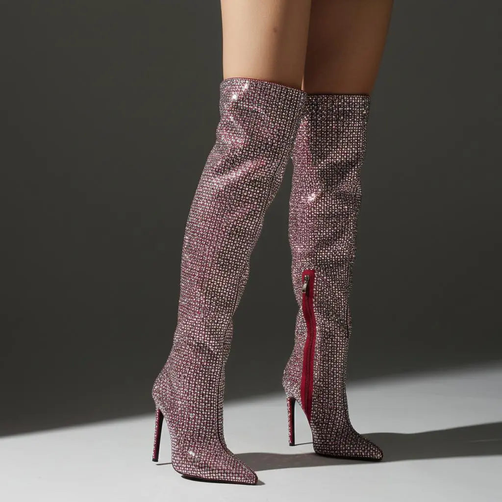 Tuhoomall Over-The-Knee Party Boots with Polka Dot Rhinestones, 12cm Stiletto Heels for Fashionable Evening Wear Tuhoomall