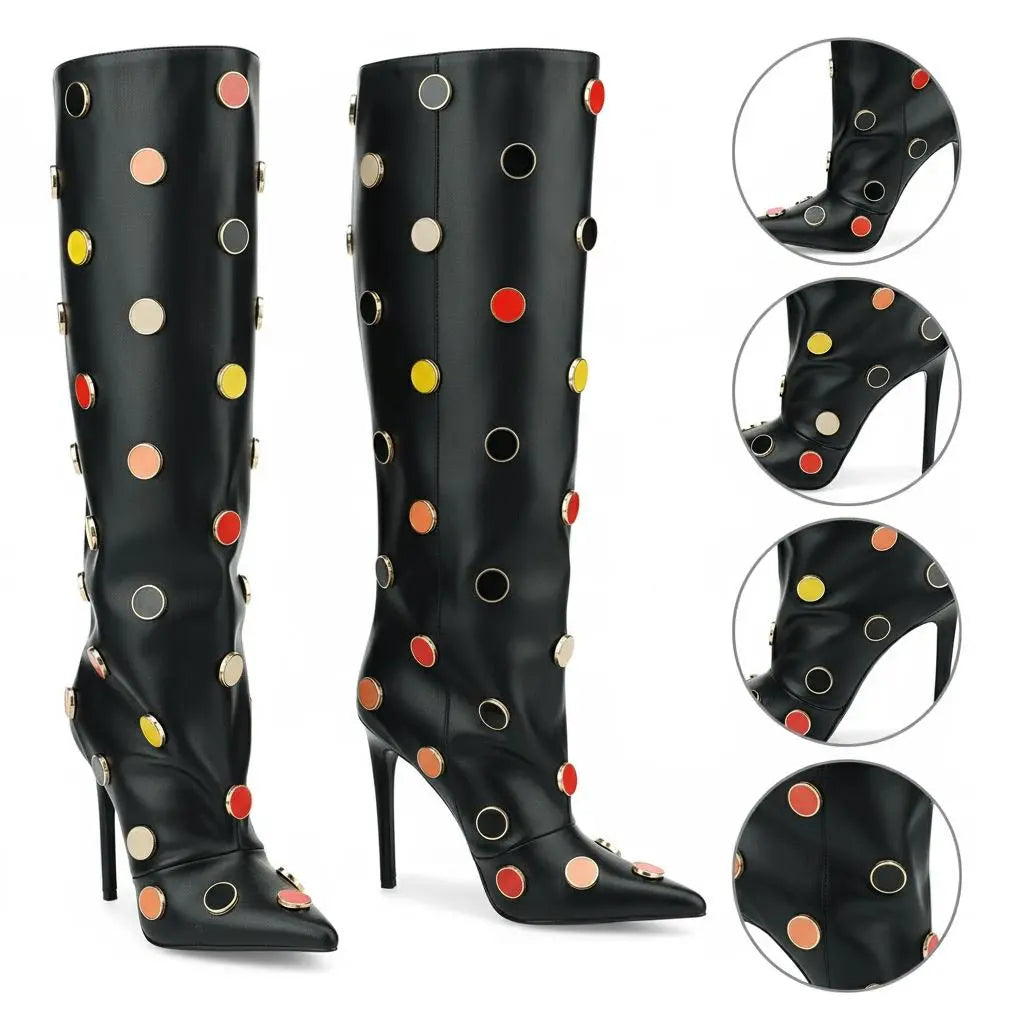 Tuhoomall Stunning over-the-knee High Heels Womens Boots with Polka Dot Pattern for Parties and Performances, Synthetic Leather, 12cm Heel Tuhoomall