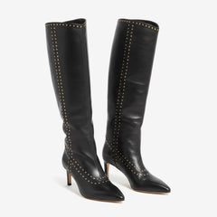 Tuhoomall Fashionable Knee-High Boots for Women, Comfortable Pointed Toe, Metallic Studs, Perfect for Travel, Work, and Parties