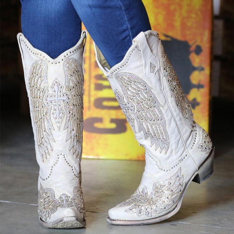 Tuhoomall Western Cowgirl Boots for Women, Chunky Heel Slip-on Mid Calf Boot, Snip-toe Design with Studs and Glitter for Outdoor Performance