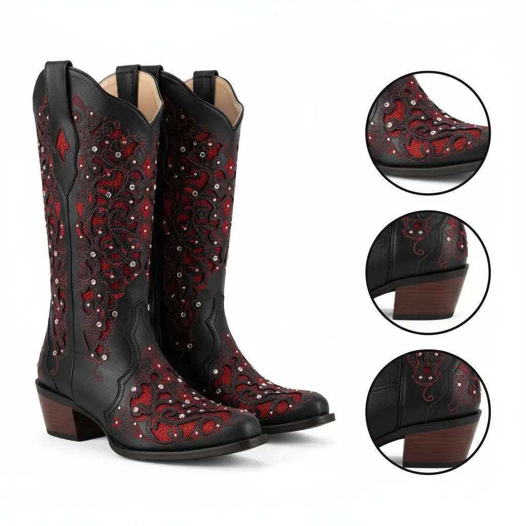 Tuhoomall Western Style Embroidered Mid-Calf Boots For Fashion, Travel, Outdoor - Chunky Heel, Faux Suede, Slip-On, Rhinestones, 3cm Heel Height Tuhoomall