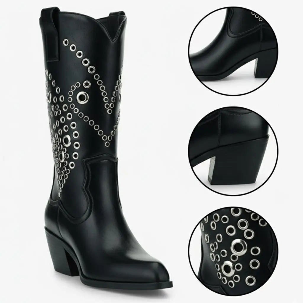 Tuhoomall Western Cowboy Short Boots For Women, Fashionable Casual Style, Pointed Toe, Chunky Heel, Slip-On Design, Unique Graphic Pattern, All Seasons Tuhoomall