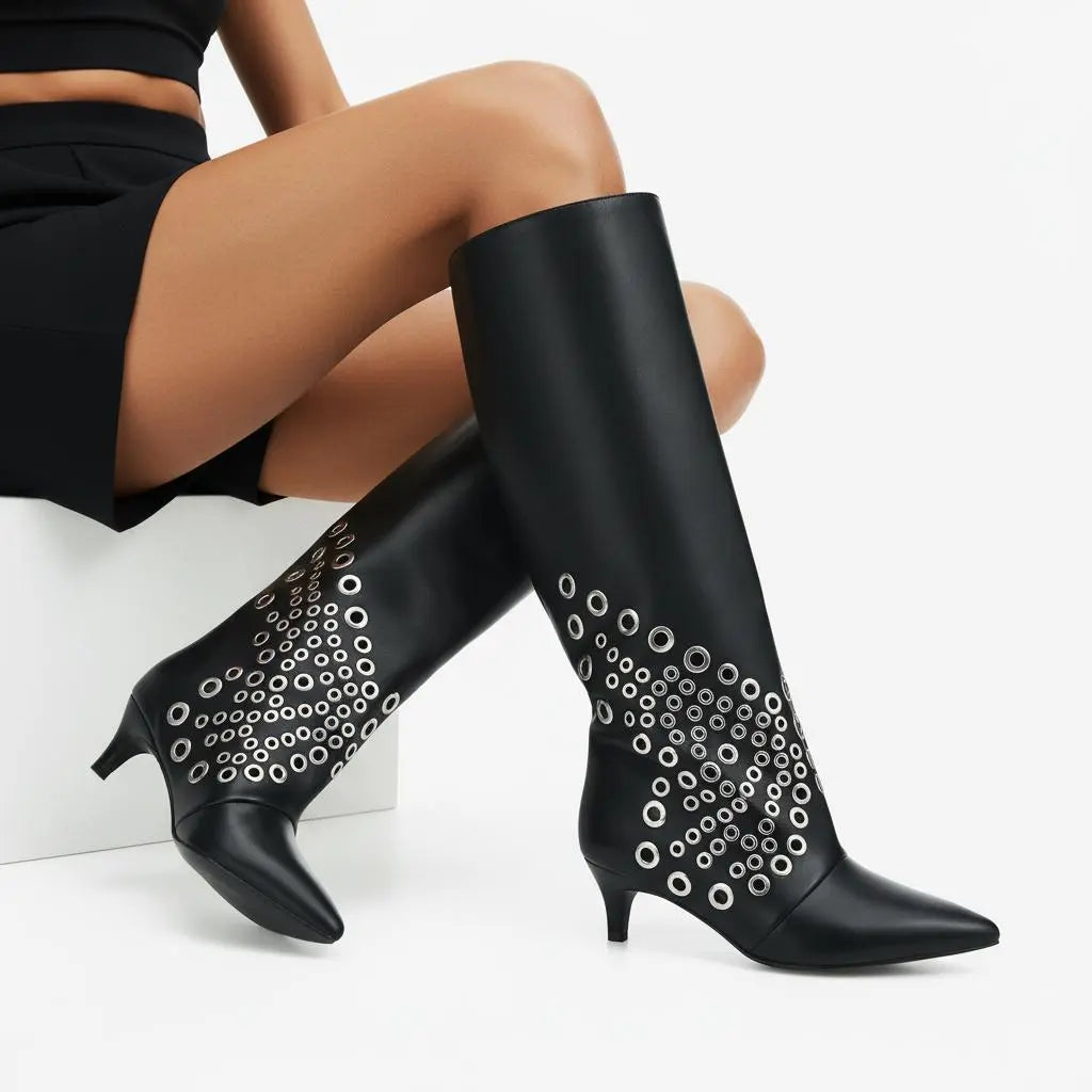Tuhoomall Knee High Kitten Heel Boots For Women - Stylish PU Leather, Pointed Toe, Low Heel - Perfect For Dance And Casual Wear All Year Round Tuhoomall