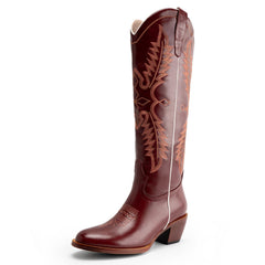Tuhoomall Dark Green Embroidered Western Knee High Boots for Wide Calf with Chunky Heel