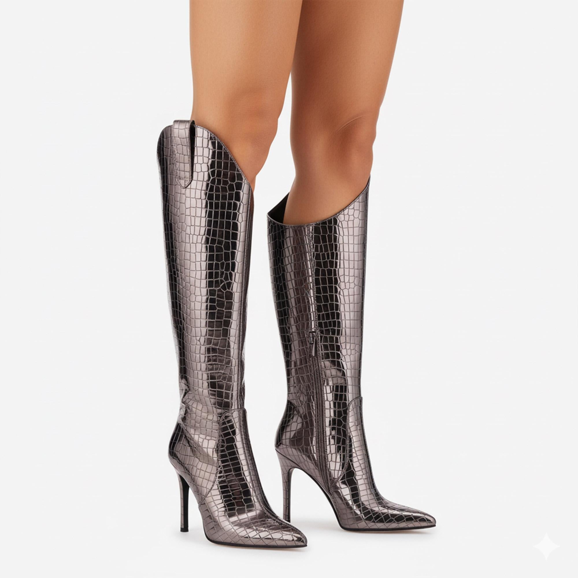Tuhoomall Knee-High Fashion Boots for Parties and Performances with 10.7cm Metallic Glossy Stiletto Heels and Pointed Toe Design