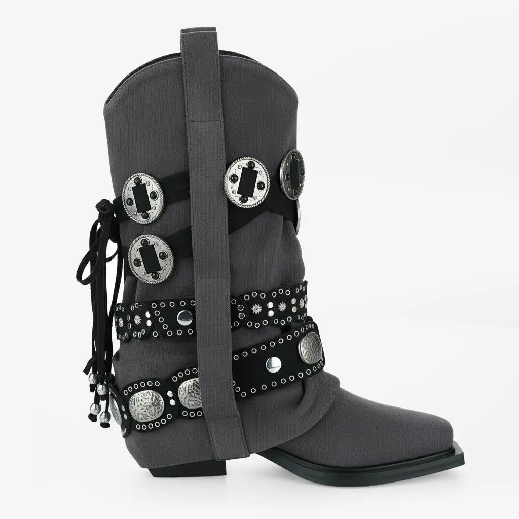 Tuhoomall Western Cowboy Boots for Women, Mid-Calf Pointed Toe, Chunky Heel Slip-On, Stylish Faux Suede with Hardware Accents, Ideal for All Seasons Tuhoomall