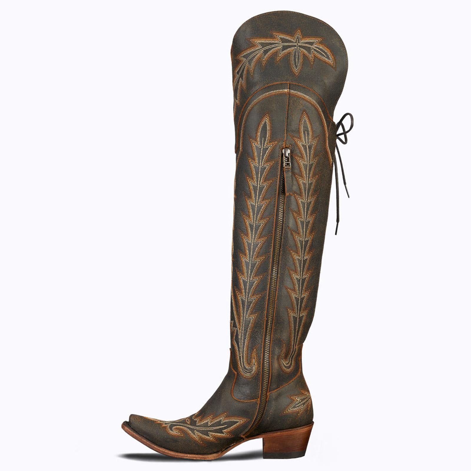 Tuhoomall Western Style Knee High Boots for Women with Floral Embroidery, Adjustable Buckle, and Rubber Sole for Casual Spring, Fall, and Winter Wear