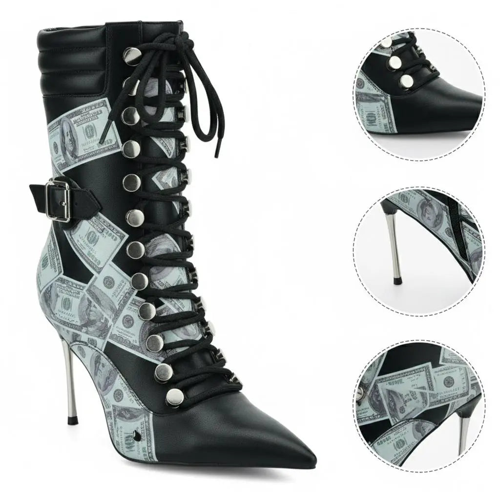 Tuhoomall Boots, Trendy PU Leather, 9cm Slim Heels, Lace-Up Closure, Perfect for Parties and Weddings Tuhoomall