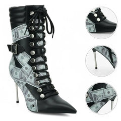 Tuhoomall Boots, Trendy PU Leather, 9cm Slim Heels, Lace-Up Closure, Perfect for Parties and Weddings Tuhoomall