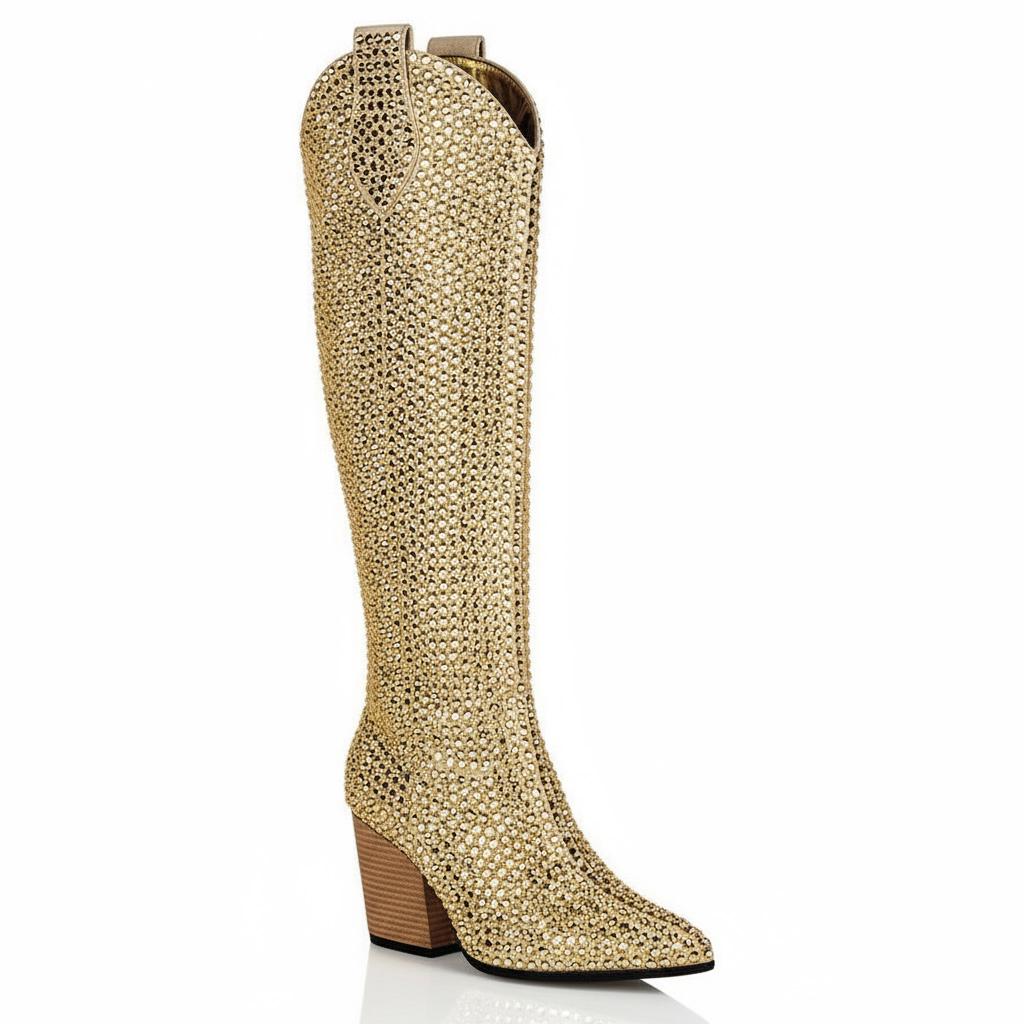 Tuhoomall Rhinestone Western Mid-Calf Boots for Women, Stylish 3.15 in Chunky Heel, Vegan Suede, Perfect for Parties and Performances