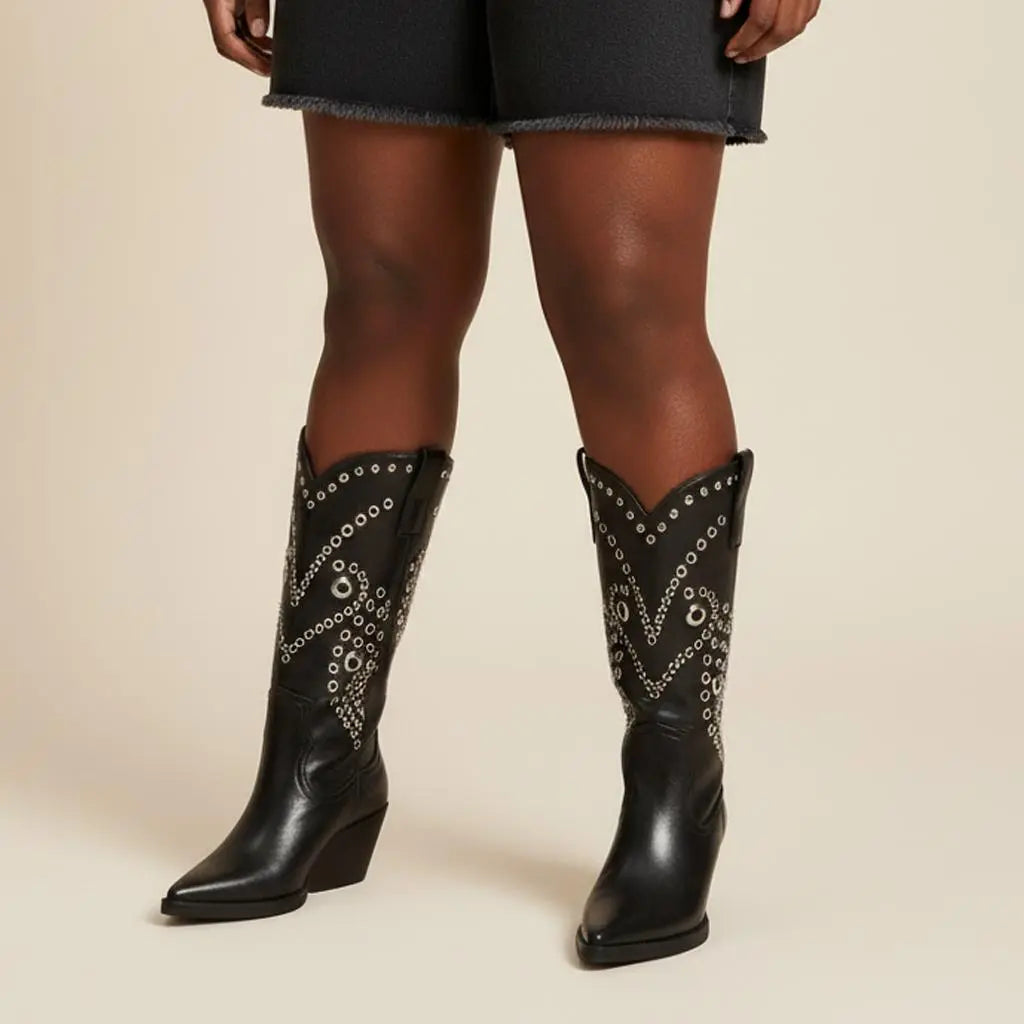 Tuhoomall Western Cowboy Short Boots For Women, Fashionable Casual Style, Pointed Toe, Chunky Heel, Slip-On Design, Unique Graphic Pattern, All Seasons Tuhoomall