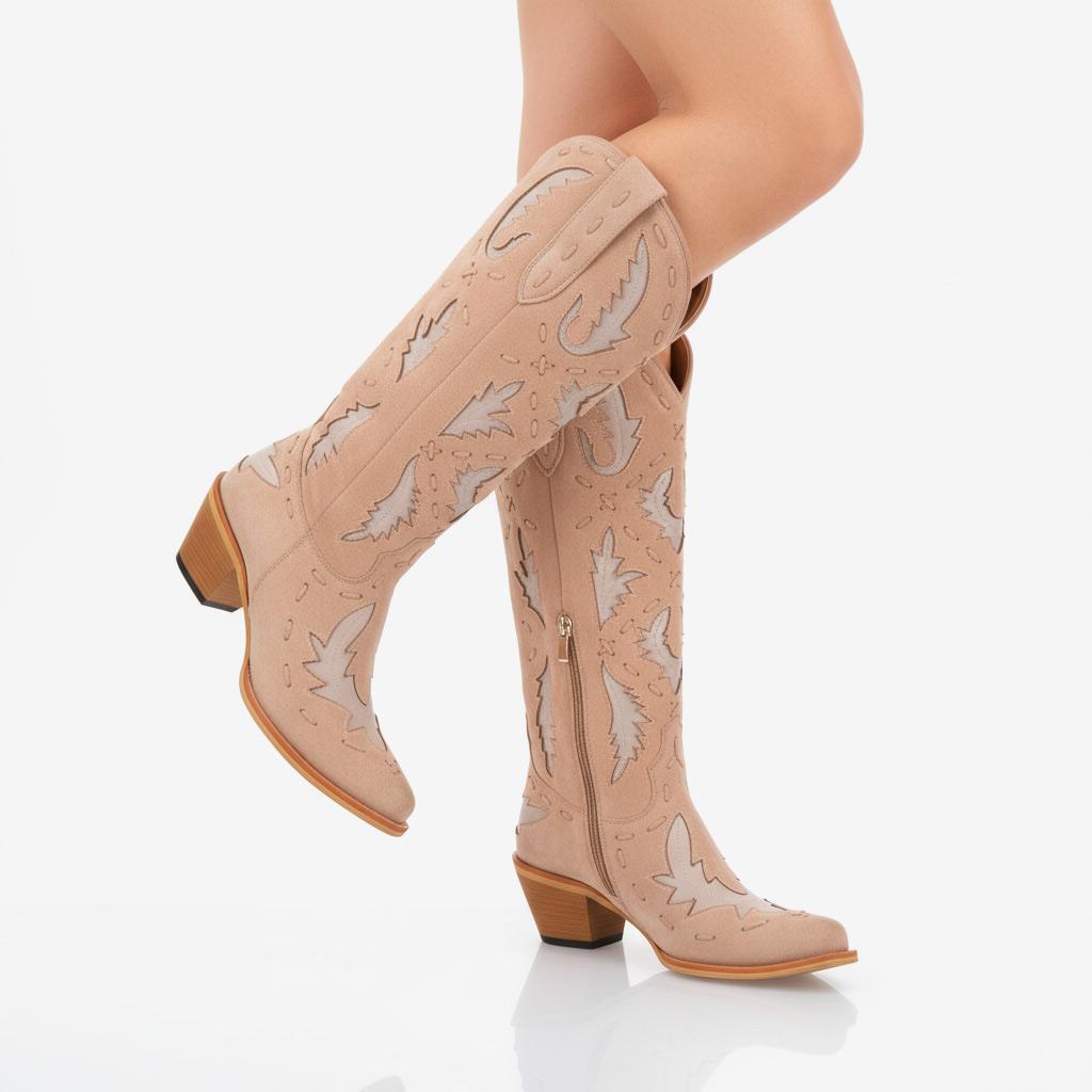 Tuhoomall Western Knee-High Cowboy Boots With Chunky Heel, Stylish Suede , Chic Patchwork Design For Comfort In Casual Outfits