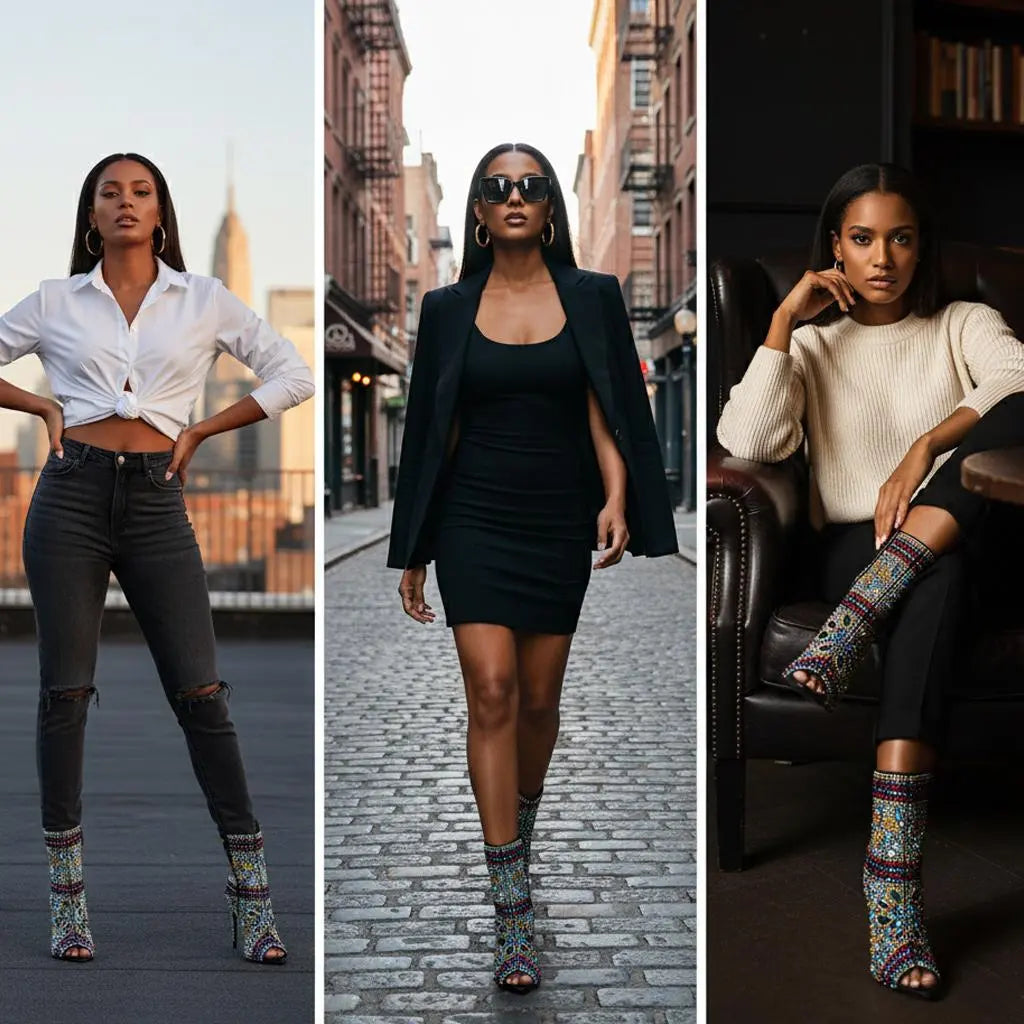 Tuhoomall Stylish Women’s Ankle Boots with Rhinestones, Peep Toe, High Heel for Parties,Trendy and Elegant Tuhoomall