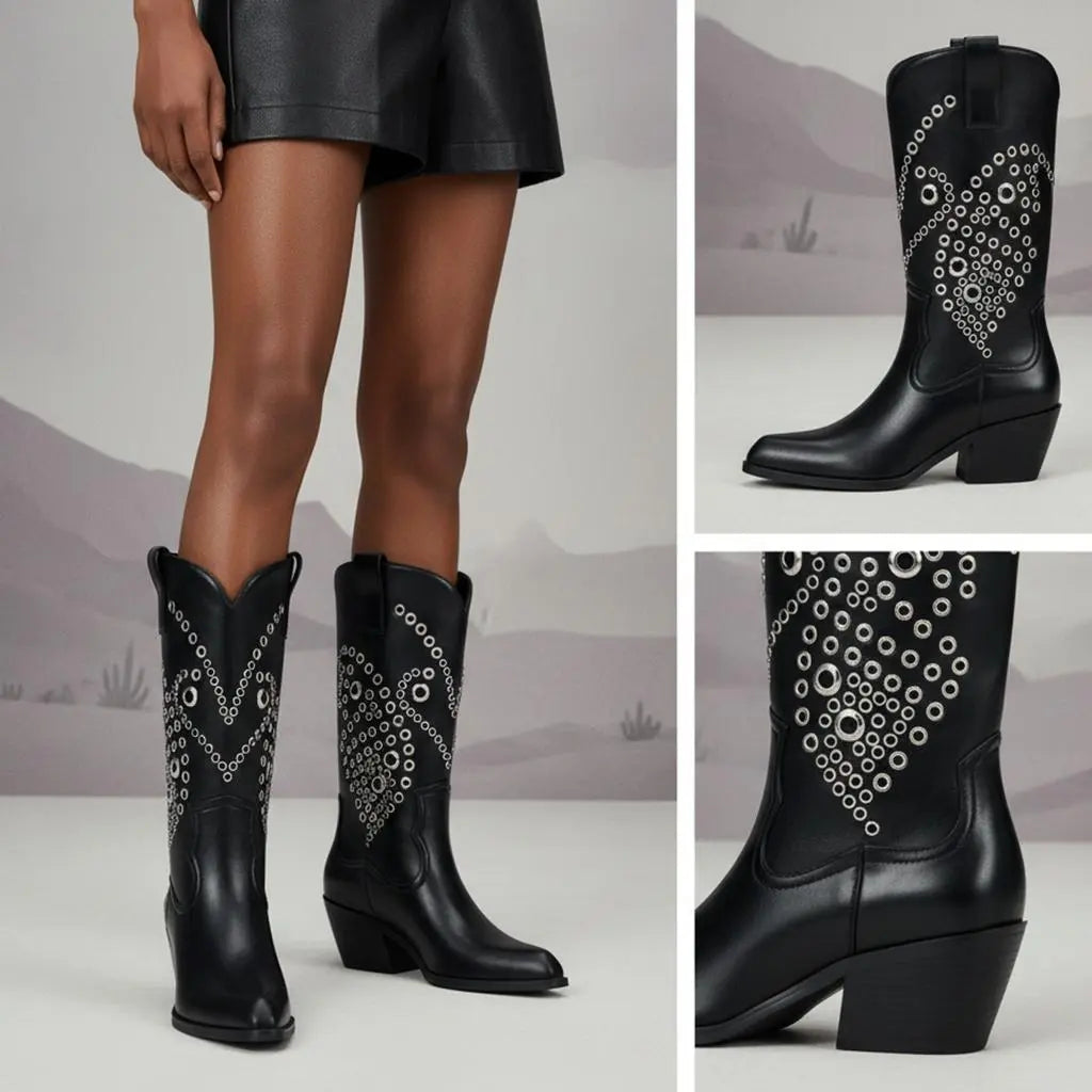 Tuhoomall Western Cowboy Short Boots For Women, Fashionable Casual Style, Pointed Toe, Chunky Heel, Slip-On Design, Unique Graphic Pattern, All Seasons Tuhoomall