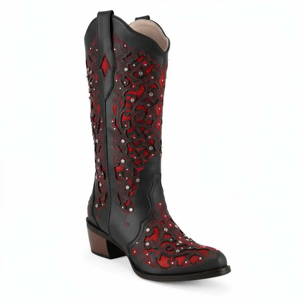 Tuhoomall Western Style Embroidered Mid-Calf Boots For Fashion, Travel, Outdoor - Chunky Heel, Faux Suede, Slip-On, Rhinestones, 3cm Heel Height Tuhoomall