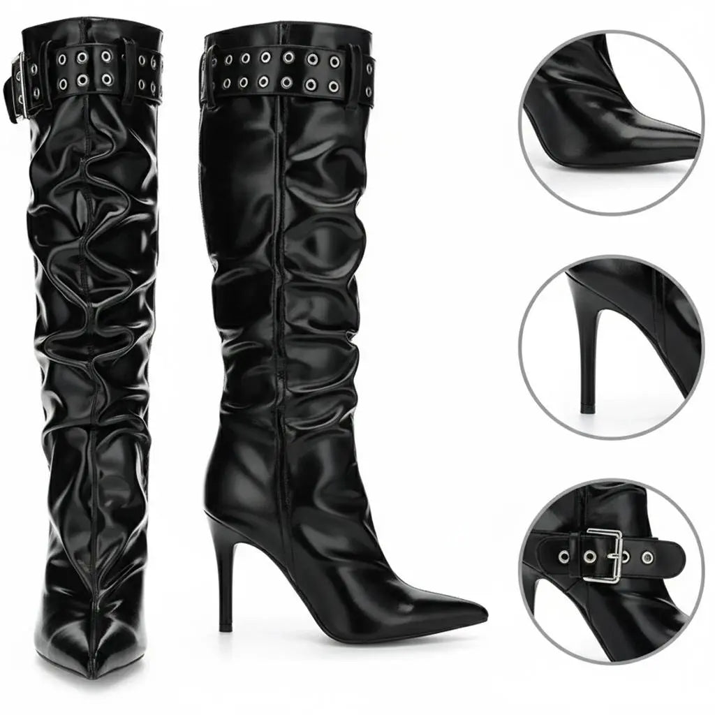 Tuhoomall Heels Boots for Women, Comfortable Folds, Outdoor Fashion, 9.5cm Heels, Slip-On Style, Metal Buckles, Versatile Casual Wear Tuhoomall