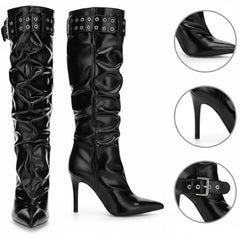 Tuhoomall Heels Boots for Women, Comfortable Folds, Outdoor Fashion, 9.5cm Heels, Slip-On Style, Metal Buckles, Versatile Casual Wear Tuhoomall